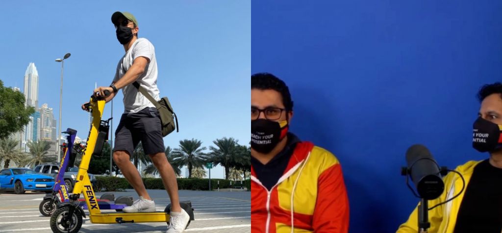 picture of the e-scooter on the left, and image of the two founders of FENIX wearing masks against covid on the right