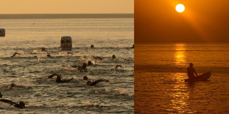 A picture of swimmers in the beach