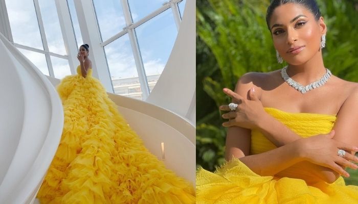 farhana bodi in a yellow gown at the Cannes film festival