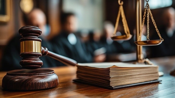 A judge banging the gavel in a courtroom symbolizing the verdict against the man.