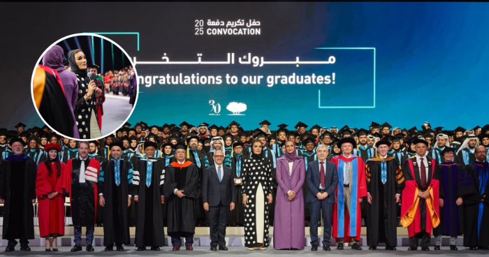 A group photo showing the graduates of QF 2025 convocation honoured by H.H. Sheikha Moza and H.E. Sheikha Hind