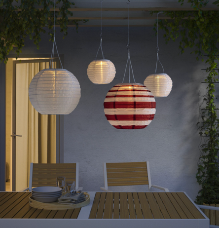 Image showing home furniture, outside patio, chairs and table, and light setup with solar-powered LED lamp