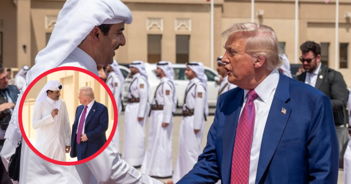 U.S president donald trump and h.h. sheikh tamim shaking hands as he bids him farewell
