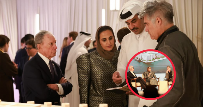 image showing H.H. the emir and H.E sheikha mayassa at art mill museum with guests at QEF dinner