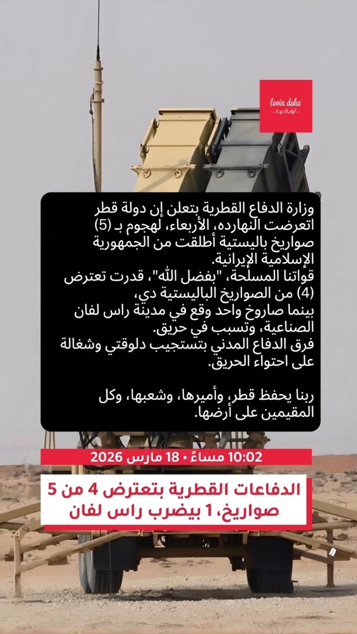 دفاعات قطر تعترض 4 من 5 صواريخ، وواحد يصيب رأس لفان