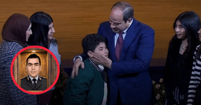 The Son of Martyr Ramy Helal Teared Up Hugging President Abdel Fattah El-Sisi During the 74th National Police Day Commemoration