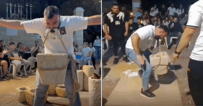 Lebanese Man Lifts Kibbeh Mortar With His Teeth